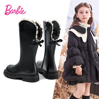 Barbie children's boots girls high boots autumn and winter style princess leather boots girls da6927 black 34