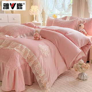 Yalu milk velvet bed cover four-piece set thickened coral velvet lace bedspread bedding plus velvet quilt cover warm sheets milan-sakura pink bed cover style 255*260cm four-piece set