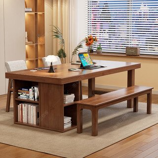 Huixun solid wood large board table living room long desk bookcase combination home dining table integrated workbench multi-person reading and study table walnut color #big board table 140cm*80cm*75cm desktop thickness 6.5cm