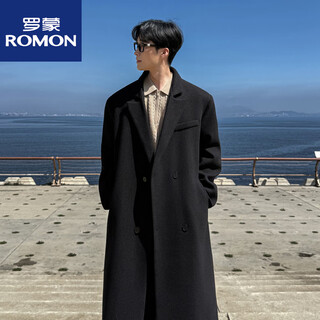 Romon shoulder pads + belt style autumn and winter knee-length woolen coat men's mid-length thickened woolen windbreaker jacket new product black 2xl