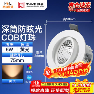 Foshan lighting (fsl) led anti-glare spotlight background wall spotlight ceiling light embedded bull's eye lamp 6w yellow light