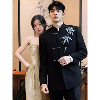 Ax armani new chinese style bamboo leaf embroidered suit suit men's stand collar groom engagement wedding dress western black suit m