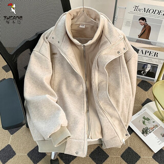 Woodpecker (tucano) trendy fake two-piece woolen jacket men's winter thickened high street couple cotton coat american loose spring and autumn jacket cotton coat apricot s