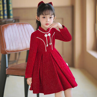 Girls dress winter girls dress autumn and winter little girl chinese style retro princess dress children beautiful red plus velvet (without pendant) 100 cm