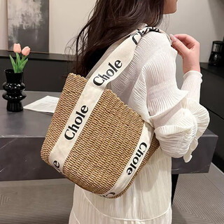 Letter ribbon small cylinder portable straw bag one shoulder crossbody paper rope handmade bag bucket bag women's versatile camel large (letter shoulder strap unlined)