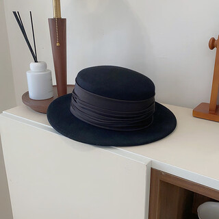 Chenyin new french retro hepburn style elegant flat top woolen hat women's autumn and winter british style hat black hat black ribbon s(54-57cm)