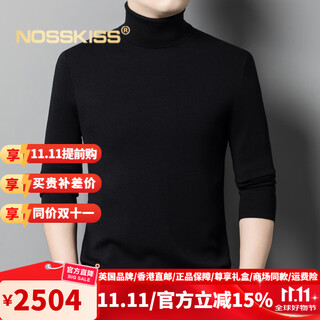 Nosskiss international luxury high-end brand pure wool sweater men's winter turtleneck thickened warm sweater solid color knitted bottoming shirt black one size 180/xl