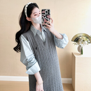 Qinzhi maternity suit autumn and winter two-piece autumn dress for small pregnant women 2025 new shirt top knitted back white shirt + lotus root pink v-neck skirt suit xl