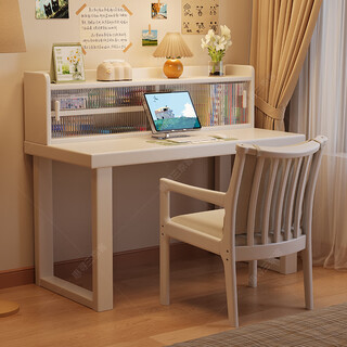 Huixun solid wood desk and bookshelf integrated bedroom simple computer desk home large board study table small apartment student writing desk ivory white #desk + bookshelf 120cm*60cm*75cm total height 109cm