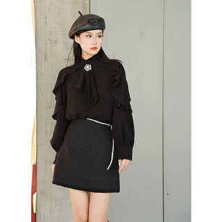 哥弟（GIRDEAR）【人间茶白】新款宫廷法式时尚浪漫飘带高级衬衫130079 黑色 M (3)