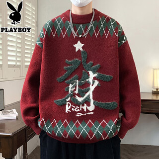 Playboy (playboy) men's autumn and winter thickened sweater fucai sweater men's teenagers warm sweater tops red xl (recommended 120-140 jin jin equals 0.5 kg)