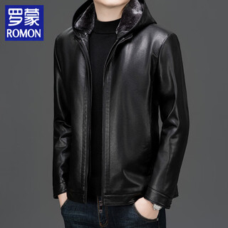 Luo meng winter haining imitation leather men's short leather jacket plus velvet thickening detachable hooded fur all-in-one jacket black m 170