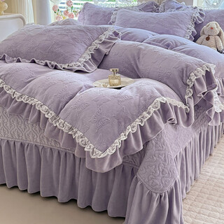 Mercury series korean style french lace thickened milk velvet four-piece set double-sided baby velvet coral velvet quilt cover with cotton bed skirt avril-purple 1.5m bed cover model quilt cover 200*230cm + bed cover 250