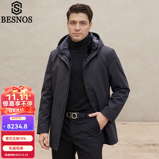 Besnos italian brand nike men's mink lining mid-length parka mink coat winter black l (170)