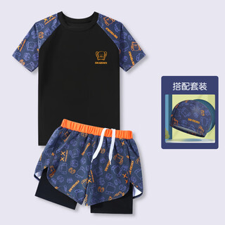 He jiagong children's swimsuit boys split 2025 new boys swimsuit mid-large youth summer double-layer swimming trunks set orange bear + swimming cap 170 l (recommended height 100-110cm weight 25-35jin jin is equal to 0.5 kg)