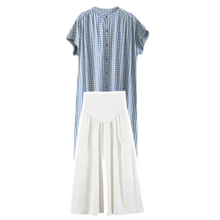 Maternity summer dress 2025 new summer fashion mid-length shirt top skirt two-piece set plaid shirt skirt + white wide-leg pants/suit m
