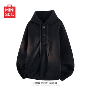 Miniso japanese casual sweater men's autumn and winter warm trendy design henley collar hooded sweater black m