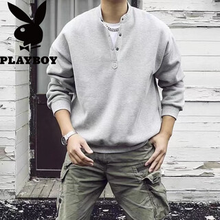 Playboy (playboy) japanese retro autumn and winter men's henry collar long-sleeved shirt warm casual pullover sweatshirt large size gray high quality regular l