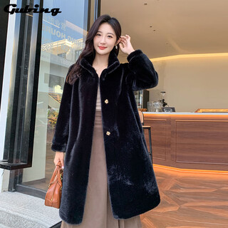 Gu bing imitation fur coat for women imitation mink mid-length imitation fur one-piece stand collar coat thickened loose autumn and winter style black m (90-115jin jin equals 0.5kg)