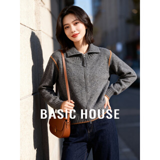 Basic house basic house/baijiahao lapel line contrast color sweater women's autumn new simple fashion cardigan top gray m