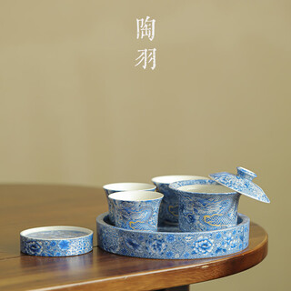 Pottery feather filigree silver dragon hovering three-cai tureen household one pot three-cup tea set ceramic tea bowl teacup tea set set filigree silver dragon hovering horseshoe tureen small set