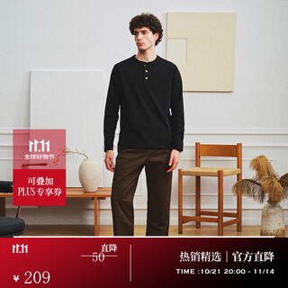 Full monty henry collar t-shirt black men's pure cotton casual versatile long-sleeved business bottoming shirt 2024 spring and autumn black 7745 m