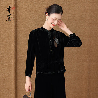 Quedit high-end brand black mulberry silk velvet top 2025 autumn new long-sleeved embroidered retro shirt moyun velvet shang l recommended 105jin jin is equal to within 0.5kg