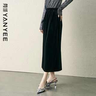 颜域宽松藏肉显瘦复古半身裙女2025秋冬简约通勤中长裙子 黑色 S