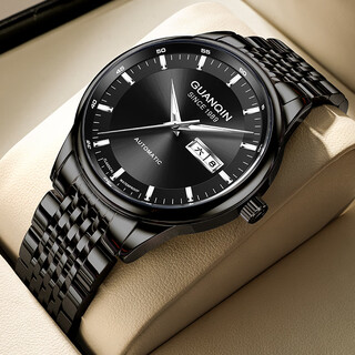 Guanqin watch men's fully automatic mechanical watch waterproof luminous double calendar swiss quality men's watch holiday gift for boyfriend all black steel strap/customized engraving/exquisite gift box