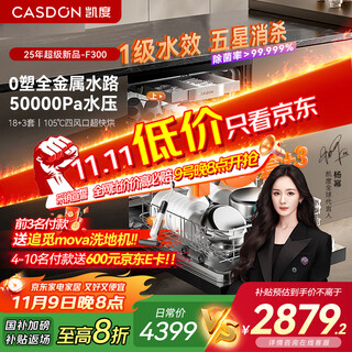 Casdon national subsidy built-in dishwasher 18 sets + 3 flash washing and drying fully automatic home drying integrated first-class water efficiency intelligence xwdq18-f300 black