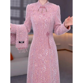 Hua jiuqing cheongsam winter thickened plus velvet snowflake velvet fashionable temperament age-reducing skirt 2025 autumn and winter new style pink 2xl recommended 126-135 jin jin equals 0.5 kg