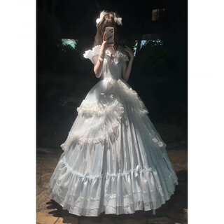 Blue lolita skirt evening dress for women 2025 new sexy student day coming of age ceremony princess wedding dress blue dress + collar + butterfly tail + bustle s