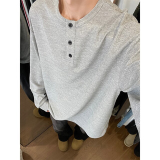 Gray fake two-piece long-sleeved henley collar t-shirt for men, summer waffle sweatshirt, american sports inner layering shirt, light gray henley shirt, cost-effective model m 105-120jin jin is equal to 0.5 kg