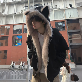 Yiran presents cat ear mountain carving cotton coat men's winter cleanfit american retro fur collar hooded cotton coat for men black l recommended 110-125 jin jin equals 0.5 kg