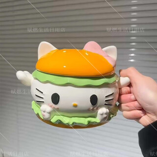Shantou lincun instant noodle bowl creative hamburger cat capacity with lid and spoon hot ceramic bowl household tableware kt instant noodle bowl + kt spoon 12*15 points 5cm high ceramic