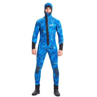 He jiagong wetsuit one-piece thickened hooded wetsuit snorkeling suit 5mm winter swimming protection 5mm blue camouflage plus velvet style s