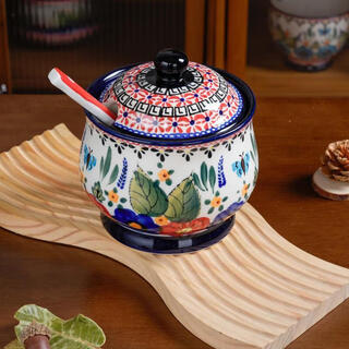 Fancychic romance and singer painted underglaze color polish ethnic style household ceramic lard jar chili oil jar salt jar silesia-600ml lard jar/red tail spoon