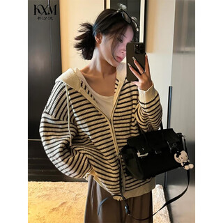 Kaximu striped hooded knitted cardigan women's soft contrast color autumn new jacket loose korean style loose lazy top hooded striped knitted cardigan apricot one size (recommended 140jin jin equals within 0.5kg)