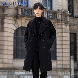 Romon men's windbreaker mid-length woolen coat men's business american windbreaker autumn and winter warm jacket black 3xl
