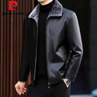 Pierre cardin high-end winter velvet thickened haining leather jacket for men, lamb velvet, middle-aged dad, fur all-in-one leather jacket, black l, suitable for 90-115