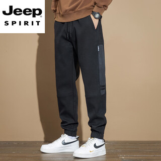 Jeep spirit2025 new autumn and winter velvet casual pants men's american loose sports leggings workwear harem trousers trendy black loose and comfortable m recommended 90-105jin jin equals 0.5 kg