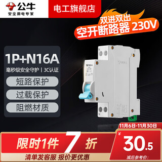 公牛（BULL）空开保护器家用漏电断路器1p2p3p4p三相四线总开关总闸63a 1P+N 16A空开【双进双出】