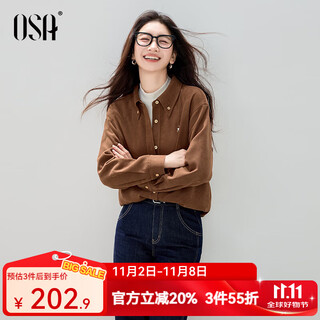 Osha retro cluli style brushed shirt 2025 winter new women's lapel age-reducing embroidered top caramel color xl