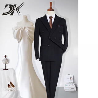 Dk brand men's suit men's suit spring and autumn wedding groom double-breasted handsome slim dress suit business formal black two-piece set m