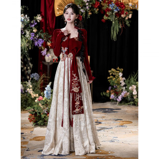 Lnga landgre toasting dress large size fat mm slimming bridal style light luxury long-sleeved new chinese style wedding engagement homecoming dress burgundy 2xl _140jin jin equals 0.5kg -150jin jin equals 0.5kg