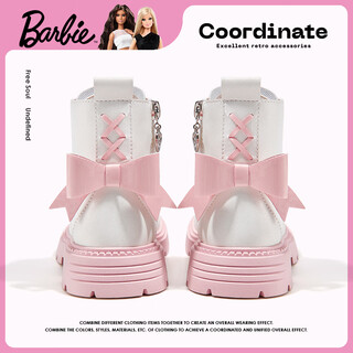 Barbie children's boots girls martin boots spring and autumn single-line leather boots girls princess boots short boots da6956 white 28
