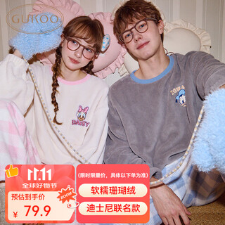 Gukoo couple pajamas winter disney warm and comfortable round neck plaid pants women's home clothes suit men's peach pink l