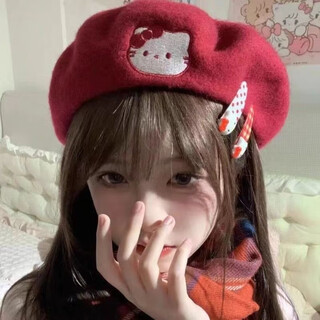 Jioesc2025 new hello kitty beret women's autumn and winter cute hat student casual versatile whitening and small face red kitty beret whitening and small face one size 56-58cm