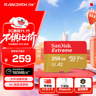 闪迪（SanDisk）256GB TF(MicroSD)内存卡 4K极速金卡A2 V30 U3行车记录仪 运动相机无人机 监控存储卡 读190MB/s