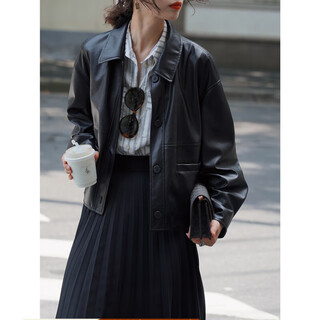 Le bemio line drawing workshop 2025 new black loose short leather jacket for spring leather jacket for women black pre-sale m